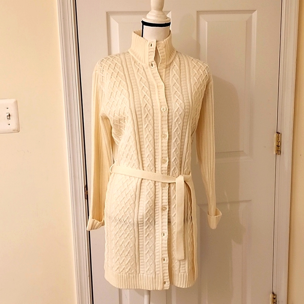 Karen Scott Irish Knit Sweater Cardigan Coat Waist Tie Button Down M Ivory